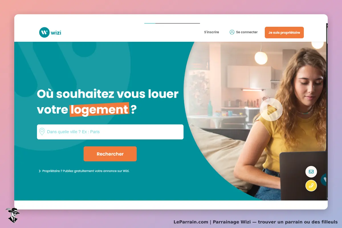 Wizi : page d'accueil avec un formulaire de recherche de logement et une personne utilisant un