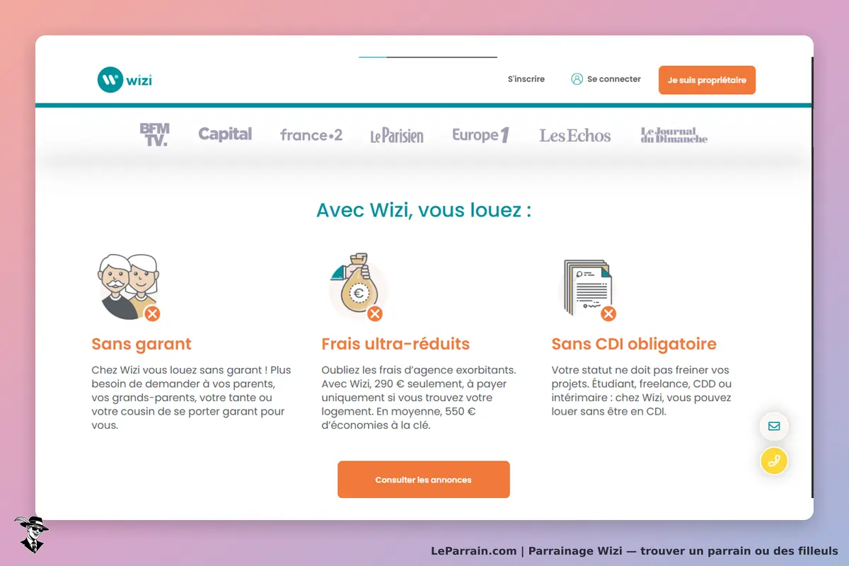 Wizi : page d'accueil présentant des avantages de location sans garant ni CDI obligatoire