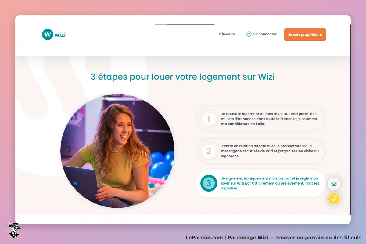 Wizi : page d'accueil présentant trois étapes pour louer un logement avec une personne souriante