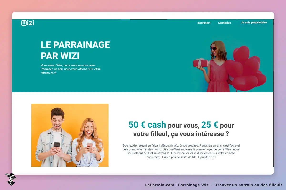Wizi : page d'accueil présentant le parrainage avec des images de personnes utilisant des