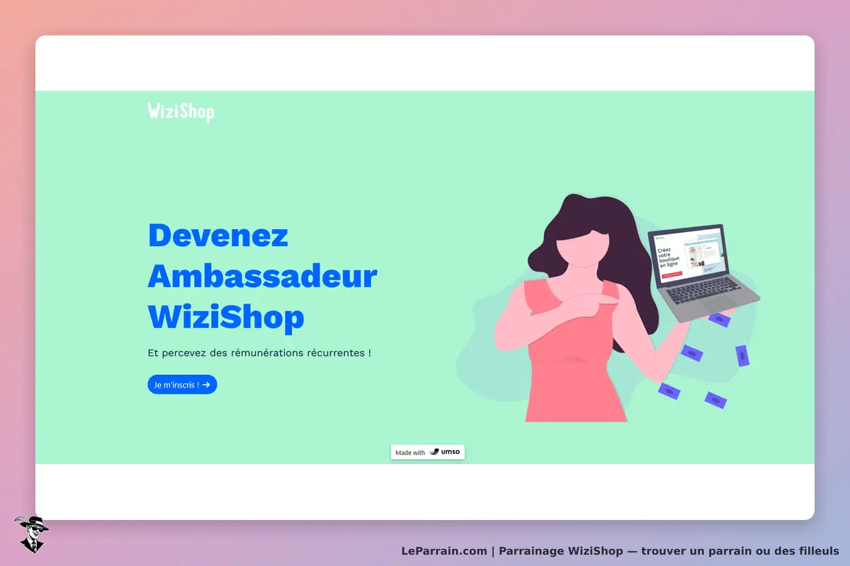 WiziShop : page d'accueil avec un personnage pointant un ordinateur et un texte d'invitation