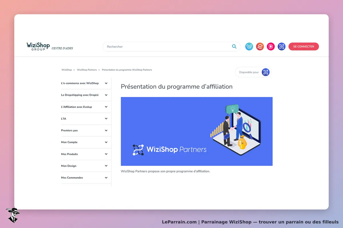 WiziShop : présentation du programme d'affiliation avec illustration et menu de navigation à gauche