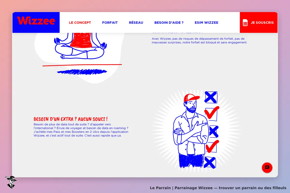Wizzee : page d'accueil avec un personnage illustré et un message sur des options supplémentaires