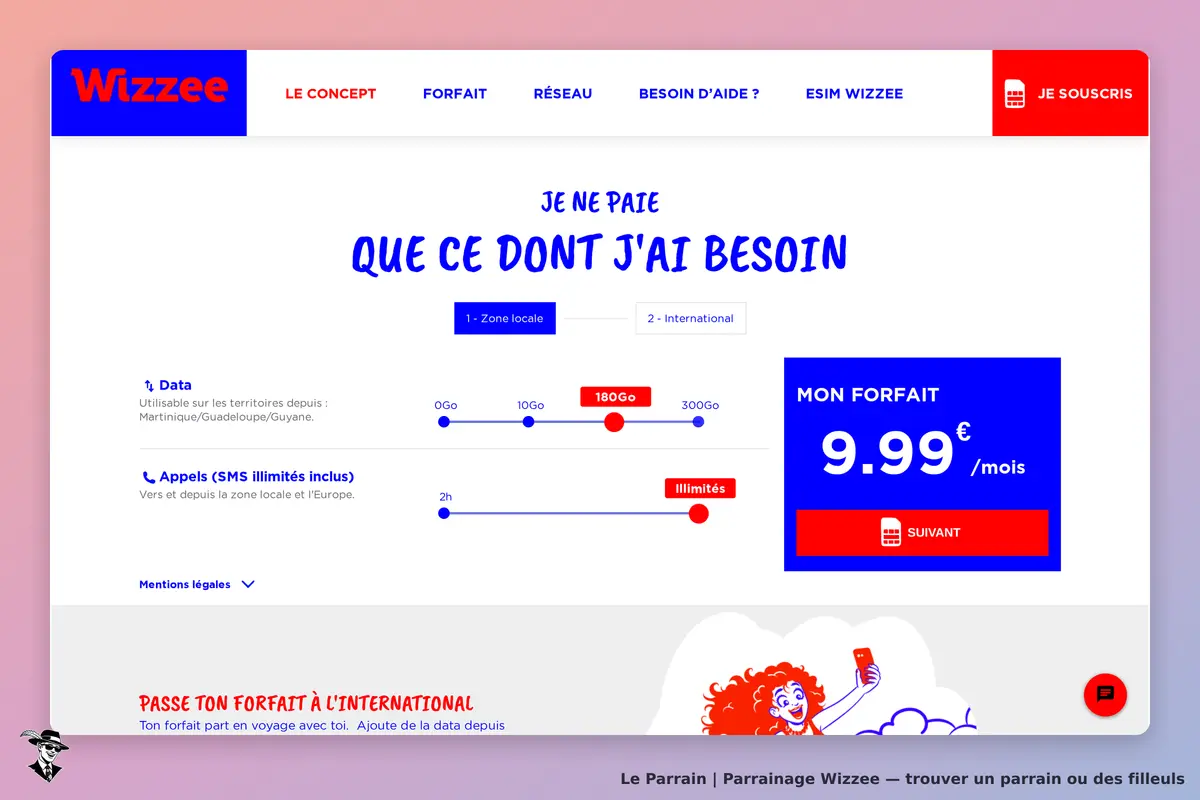 Wizzee : page d'accueil avec options de forfaits et curseurs pour data et appels