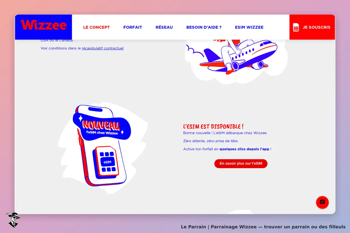 Wizzee : page d'accueil avec une annonce sur l'eSIM et un téléphone illustré