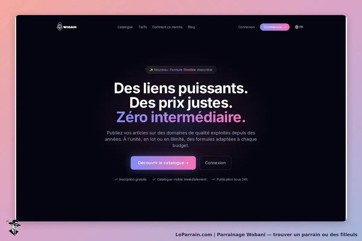 Page d'accueil Wobani avec offres de liens et tarifs justes, design sombre et moderne.