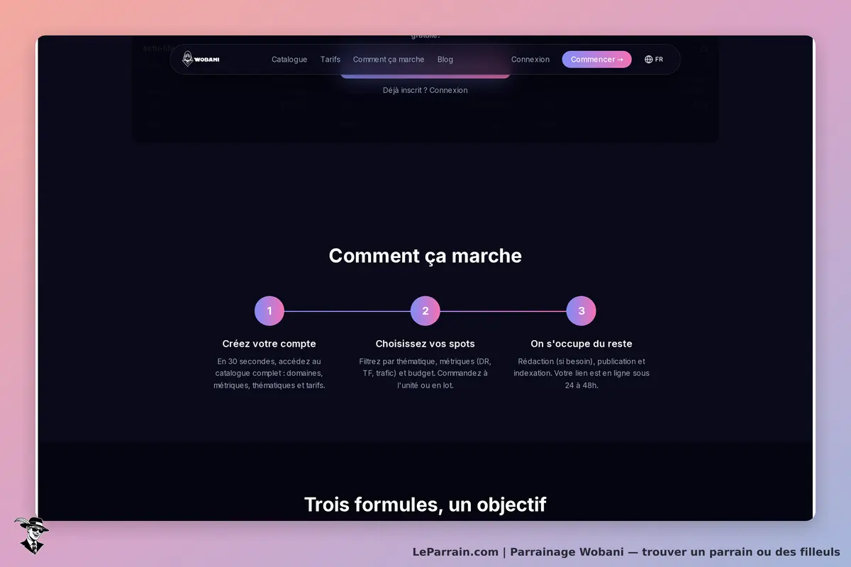 Interface du site Wobani expliquant le processus d'inscription et de choix de services.