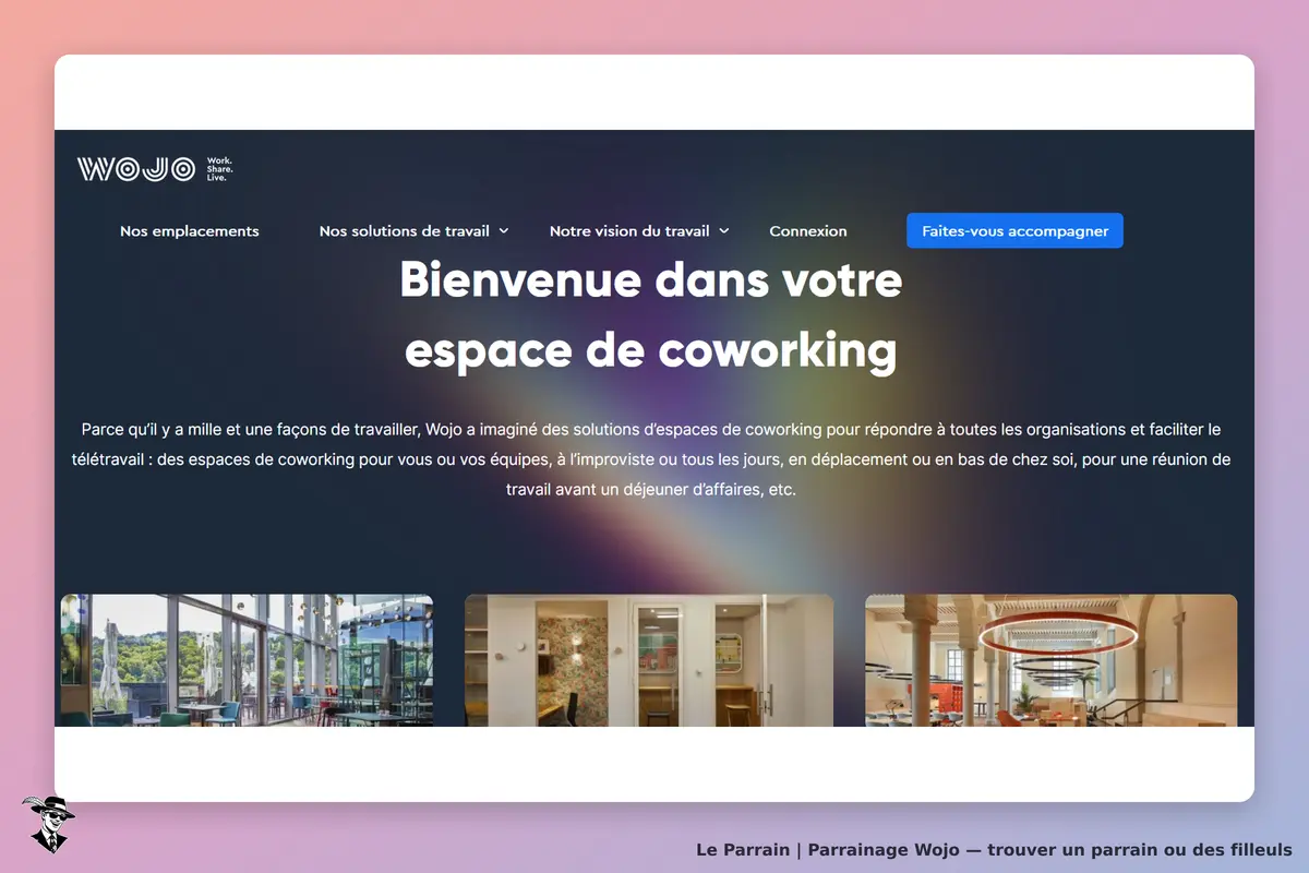 Wojo : page d'accueil présentant des espaces de coworking et un message de bienvenue