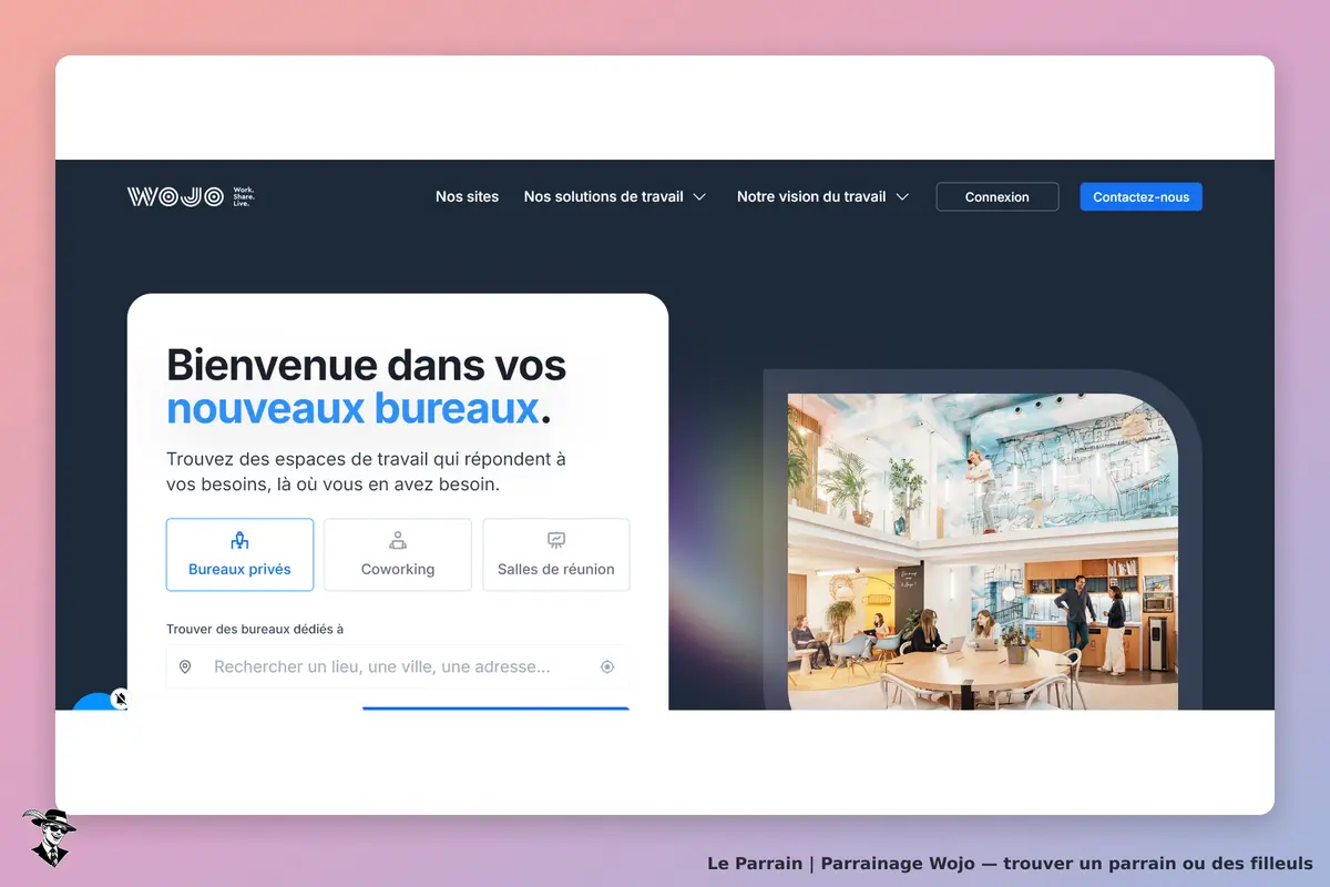 Wojo : page d'accueil présentant des espaces de travail et un formulaire de recherche