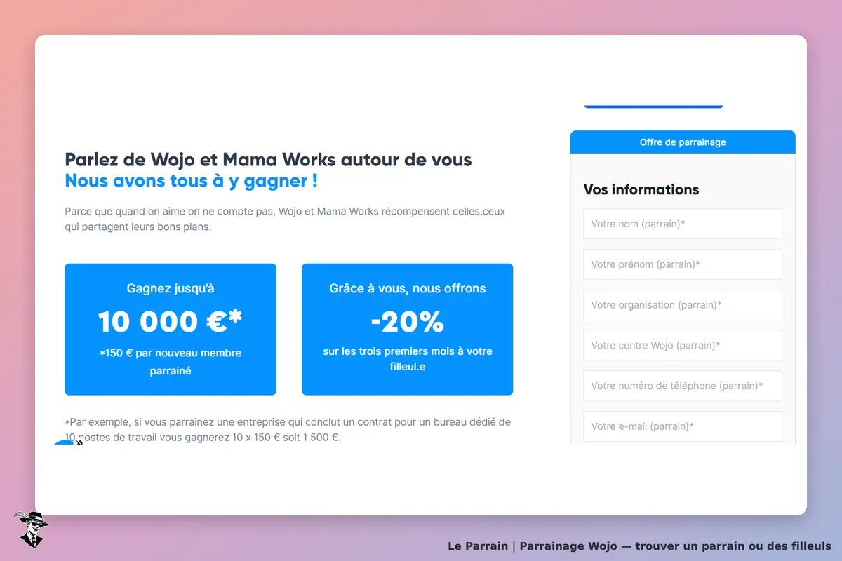 Wojo : page d'accueil avec formulaire de parrainage et informations sur les récompenses
