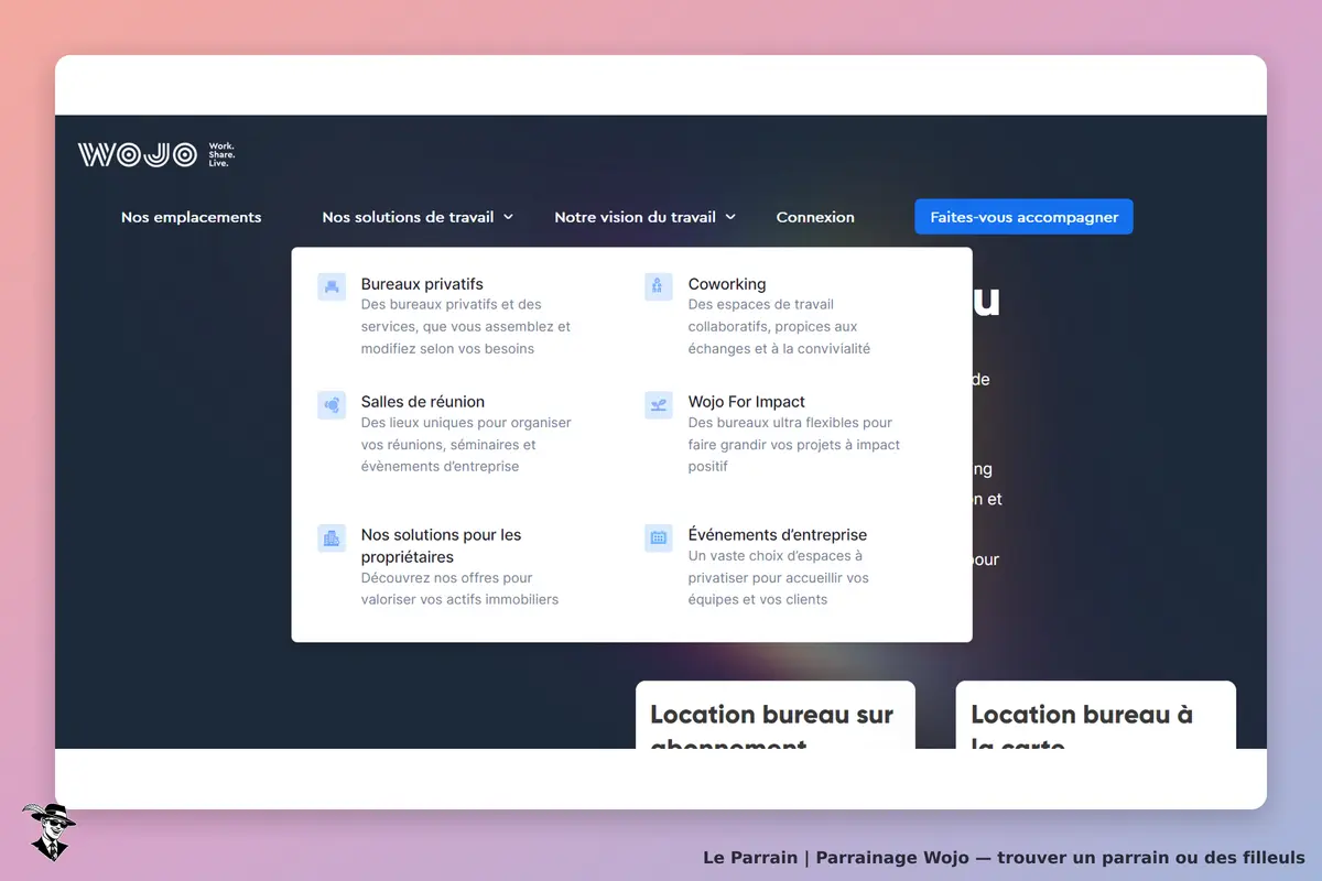 Wojo : page d'accueil présentant des solutions de travail et options de location de bureaux