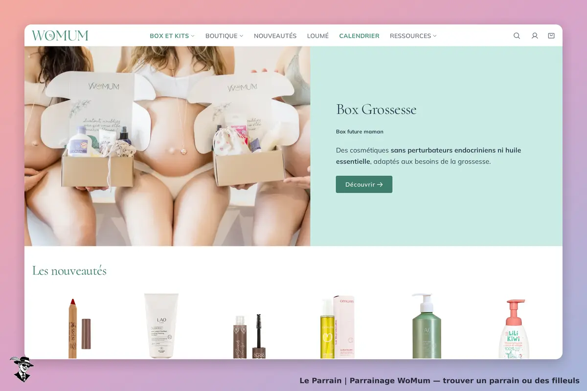 WoMum : trois femmes enceintes tenant des box de produits cosmétiques sur la page d'accueil