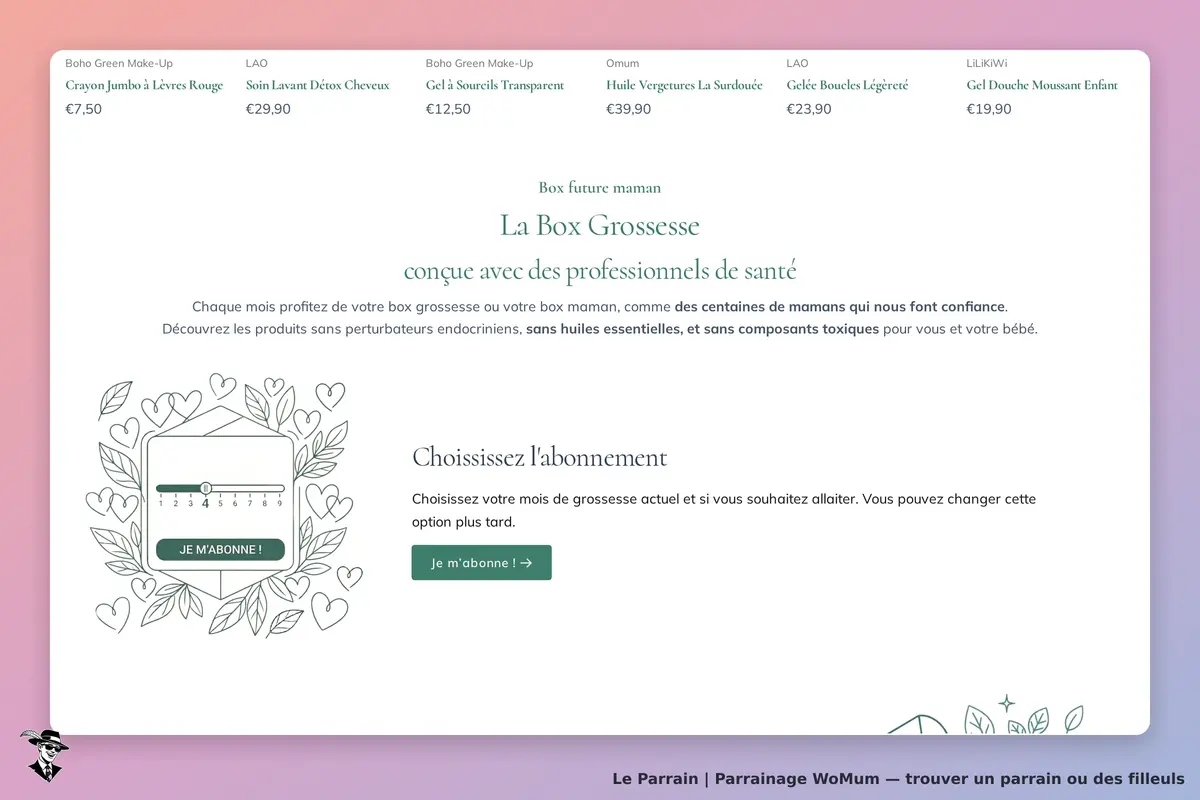 WoMum : page d'accueil présentant la Box Grossesse et un formulaire d'abonnement