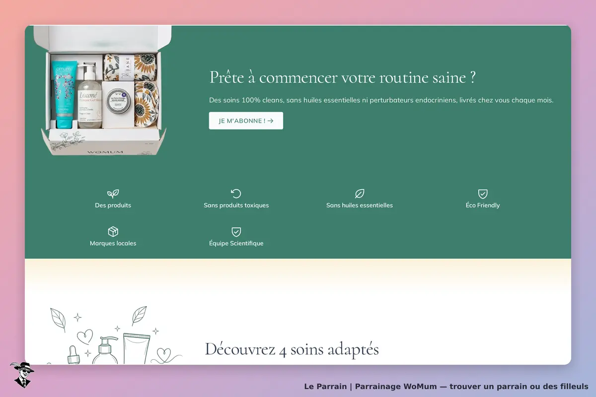 WoMum : page d'accueil avec un coffret de soins et des options de navigation en bas