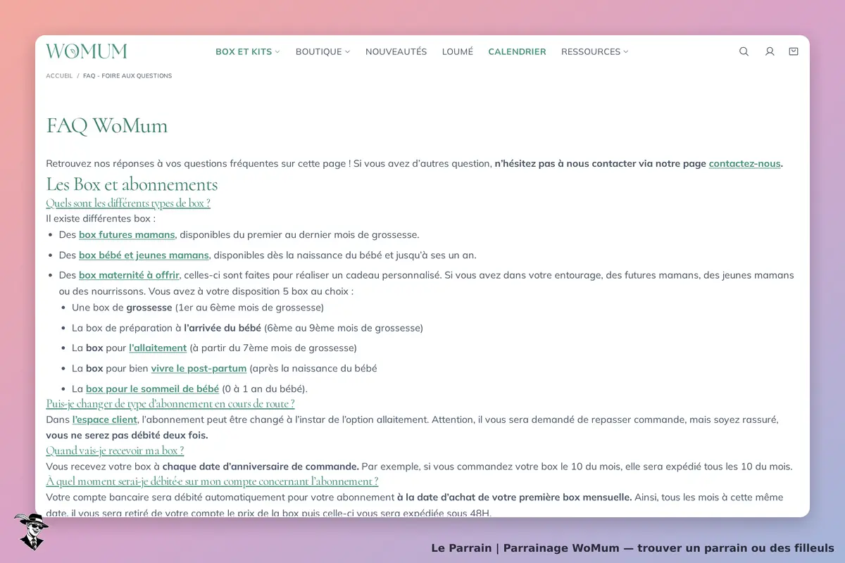WoMum : page FAQ présentant les différents types de box et abonnements pour mamans et bébés