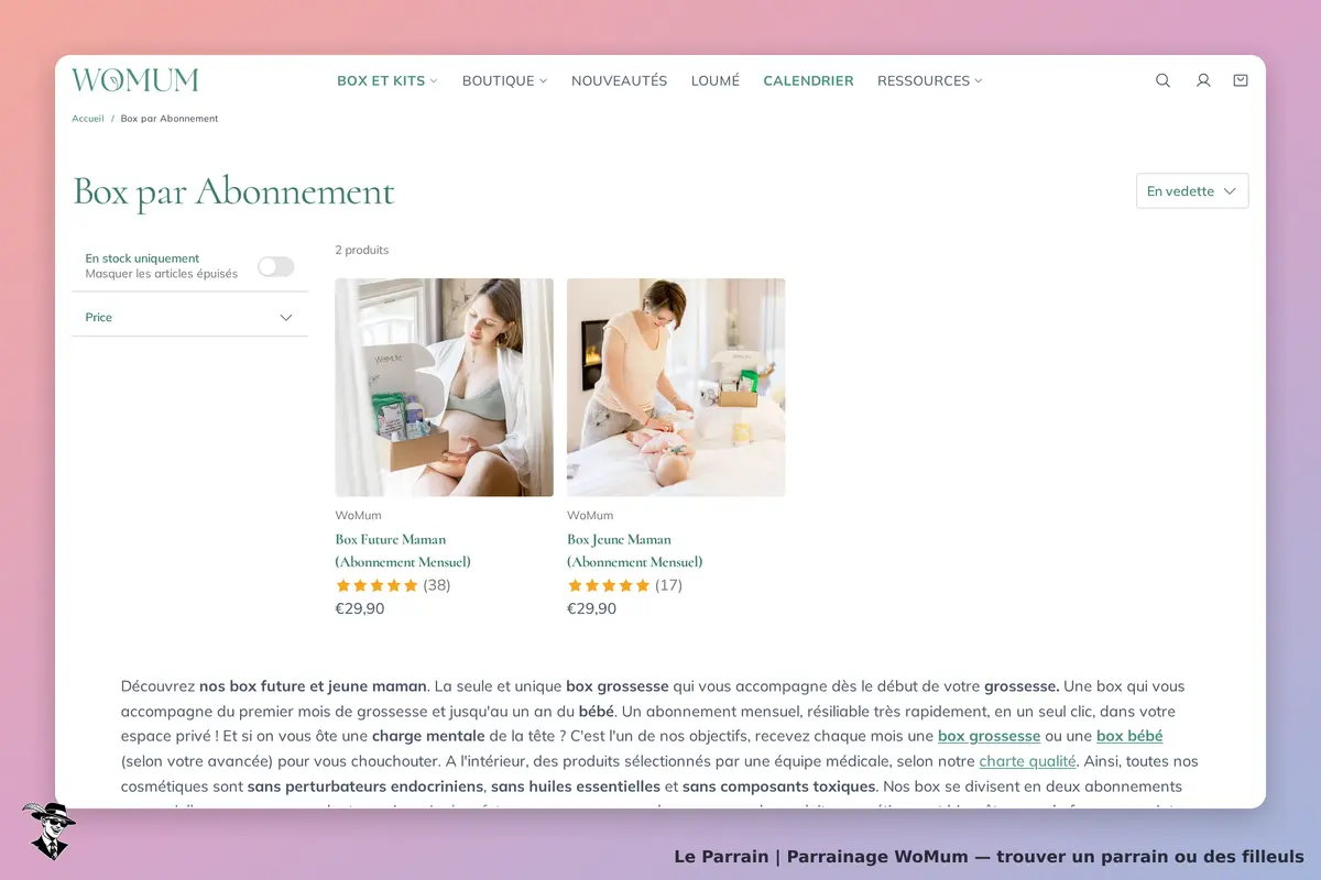 WoMum : page présentant des box par abonnement pour futures mamans et jeunes mamans