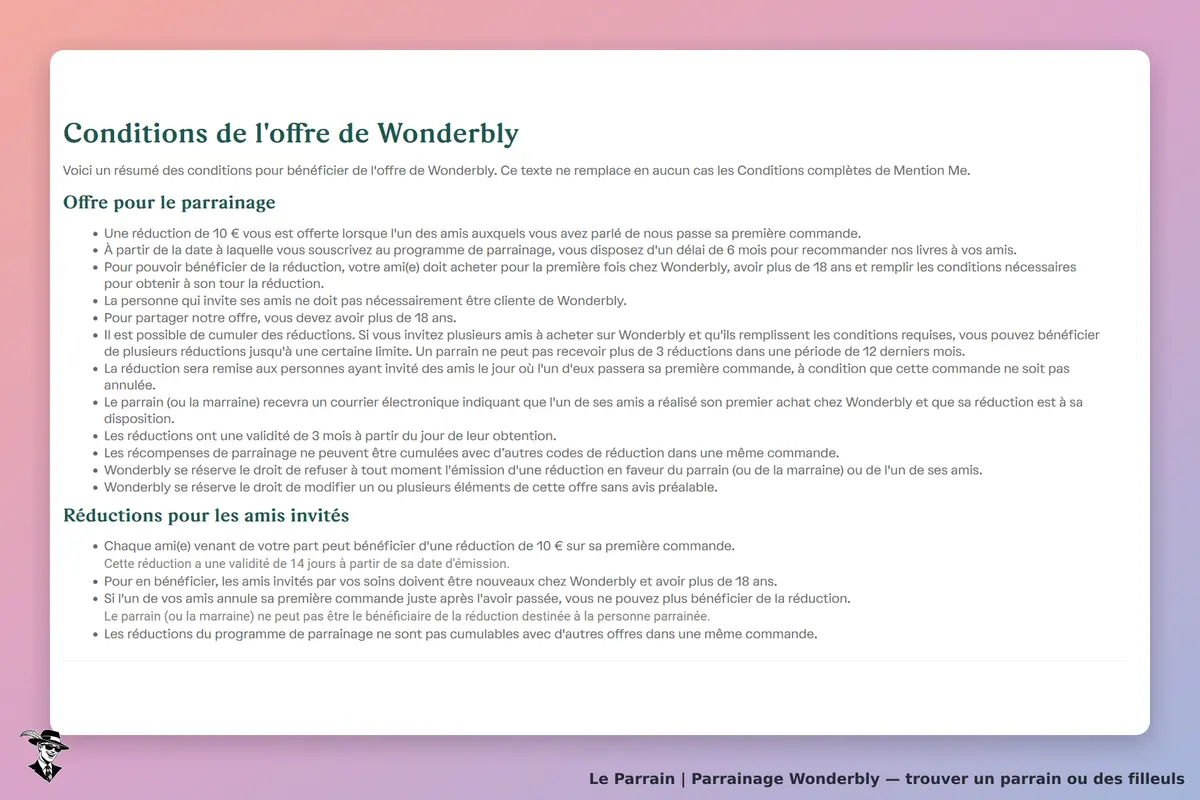 Wonderbly : conditions de l'offre de parrainage et réductions pour les amis invités