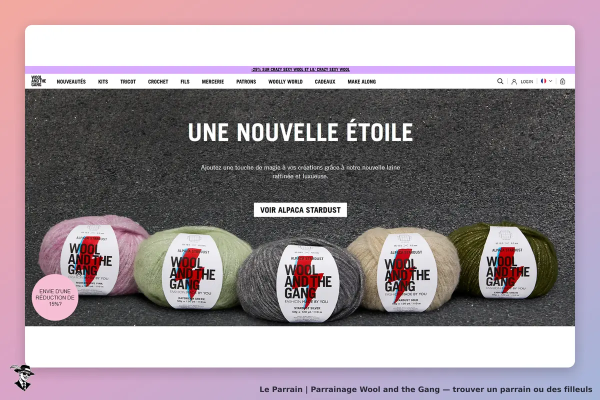Wool and the Gang : page d'accueil présentant des pelotes de laine sur fond gris