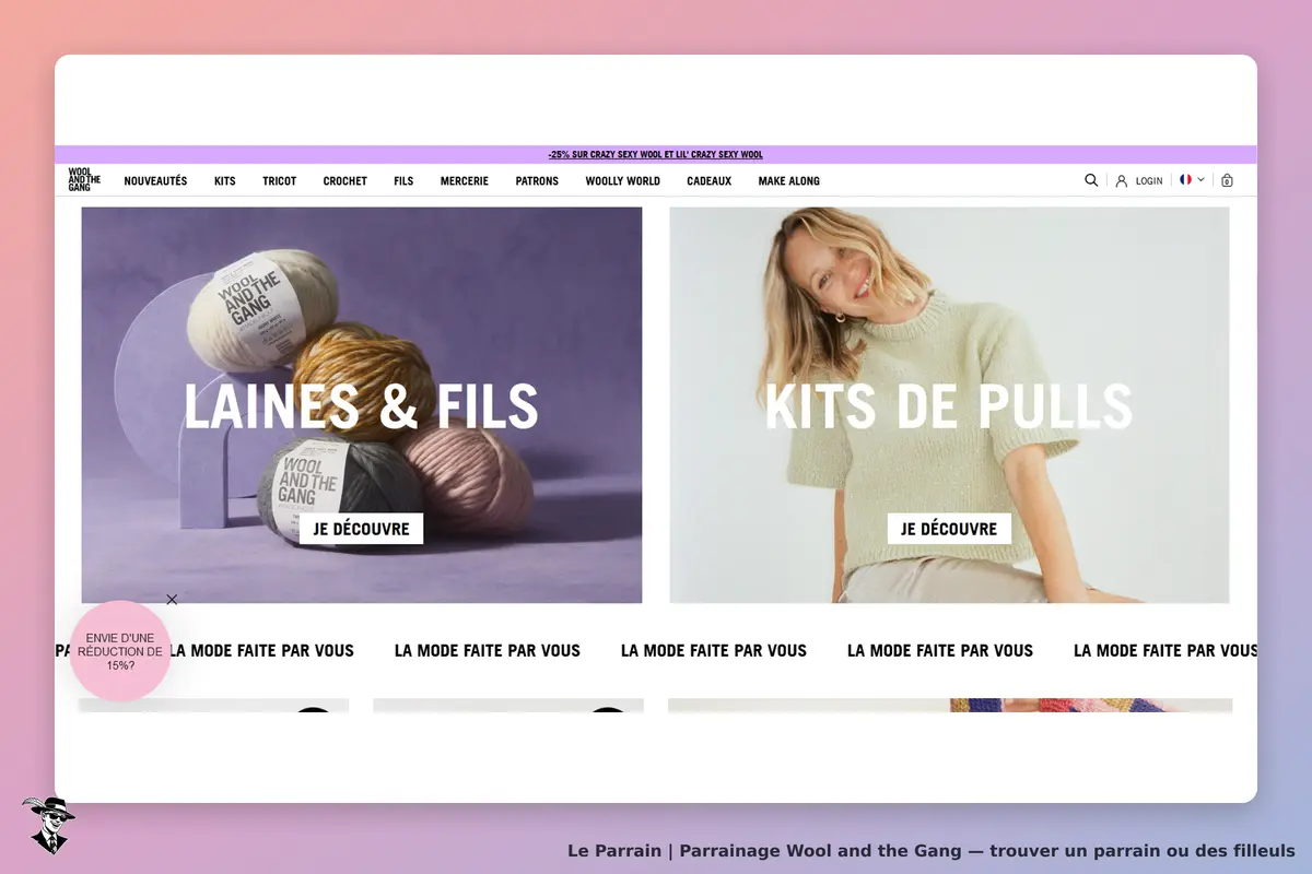 Wool and the Gang : page d'accueil avec laines, fils et kits de pulls affichés
