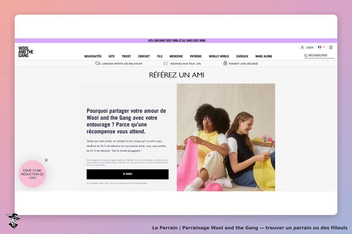 Wool and the Gang : page de parrainage avec deux femmes tricotant et un texte explicatif