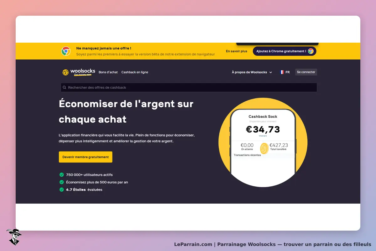 Woolsocks : page d'accueil présentant l'application de cashback et ses fonctionnalités