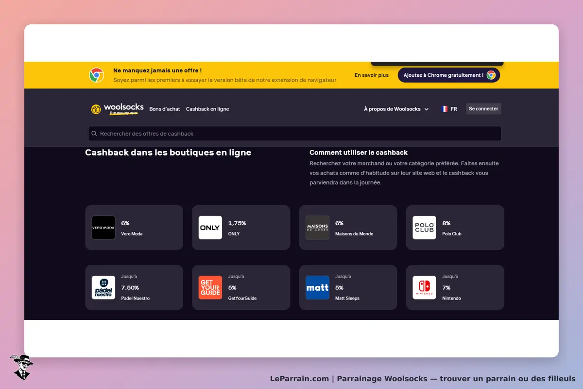 Woolsocks : page d'accueil avec options de cashback et logos de diverses boutiques en ligne