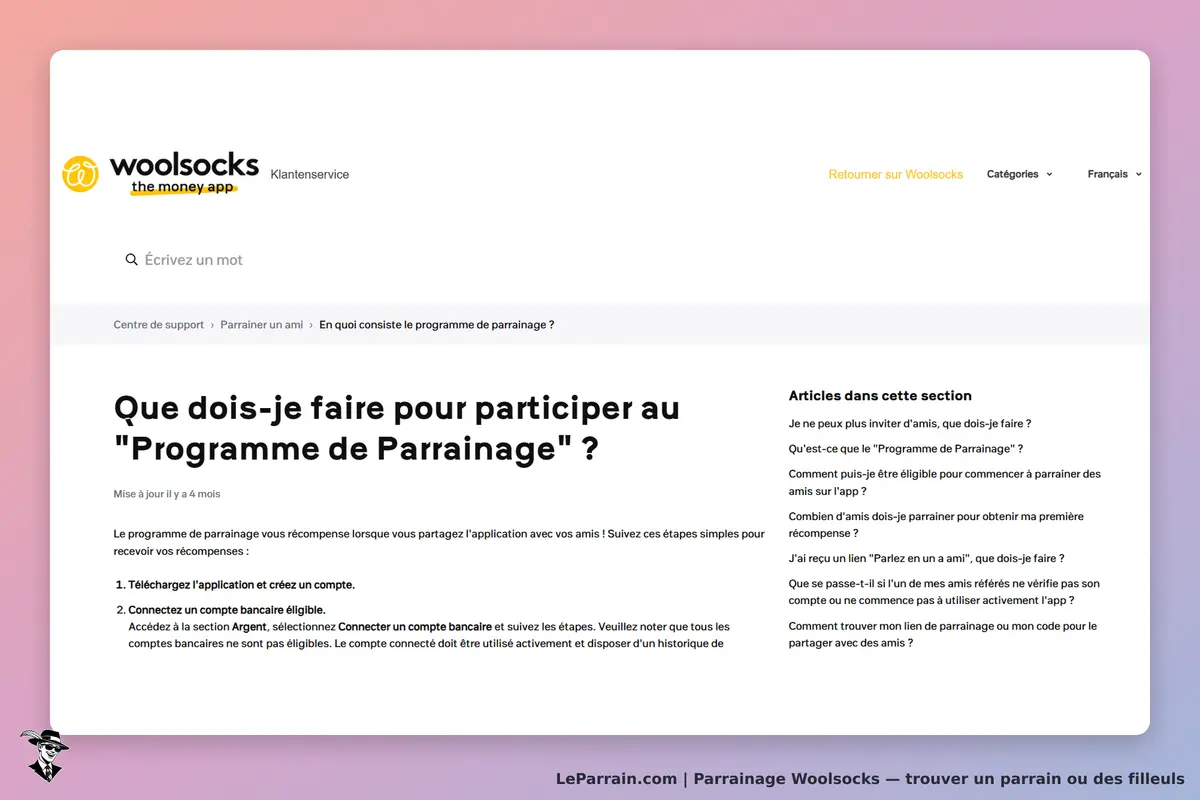 Woolsocks : page d'aide sur le programme de parrainage avec instructions et articles connexes