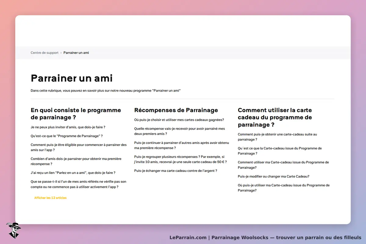 Woolsocks : page d'aide sur le programme de parrainage avec questions fréquentes