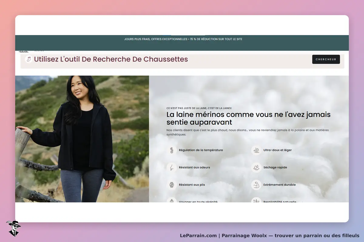 Woolx : femme souriante en extérieur, vêtue d'un sweat noir, avec texte sur la laine mérinos