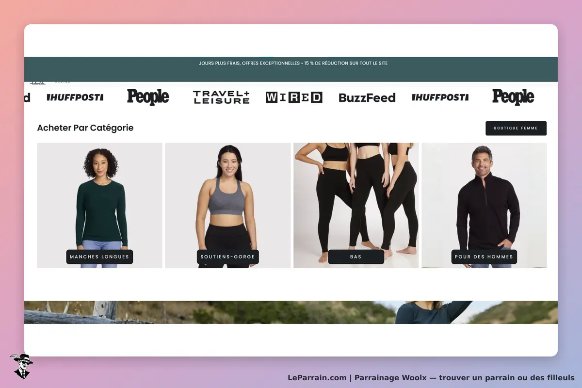Woolx : page d'accueil avec catégories de vêtements et modèles en tenue de sport