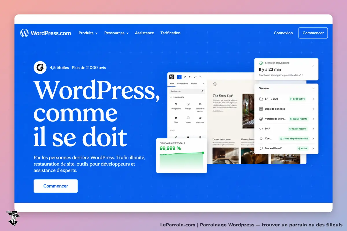 WordPress.com : page d'accueil avec logo, évaluation, et aperçu d'un site en construction