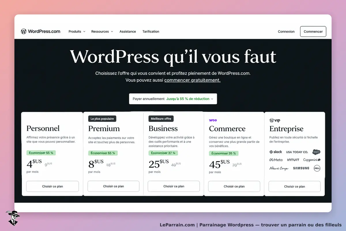 WordPress : page d'accueil présentant différentes offres d'abonnement et options de
