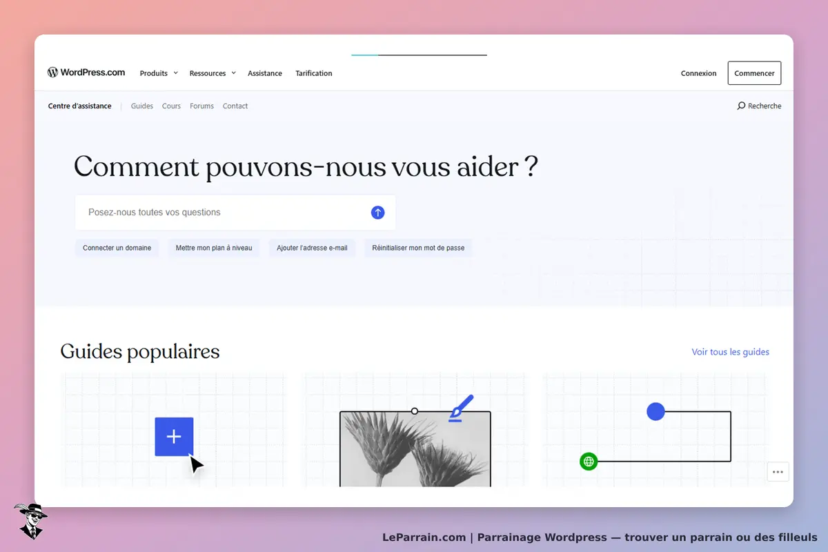 WordPress.com : page d'accueil du centre d'assistance avec un formulaire de questions