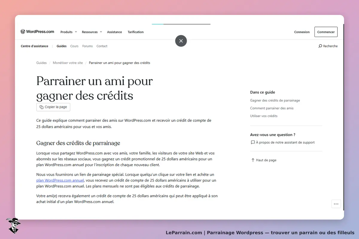 WordPress.com : page d'aide sur le parrainage d'amis pour gagner des crédits