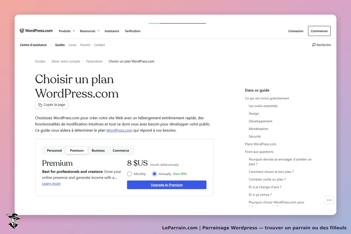 WordPress.com : page d'aide sur le choix d'un plan avec options et description des services