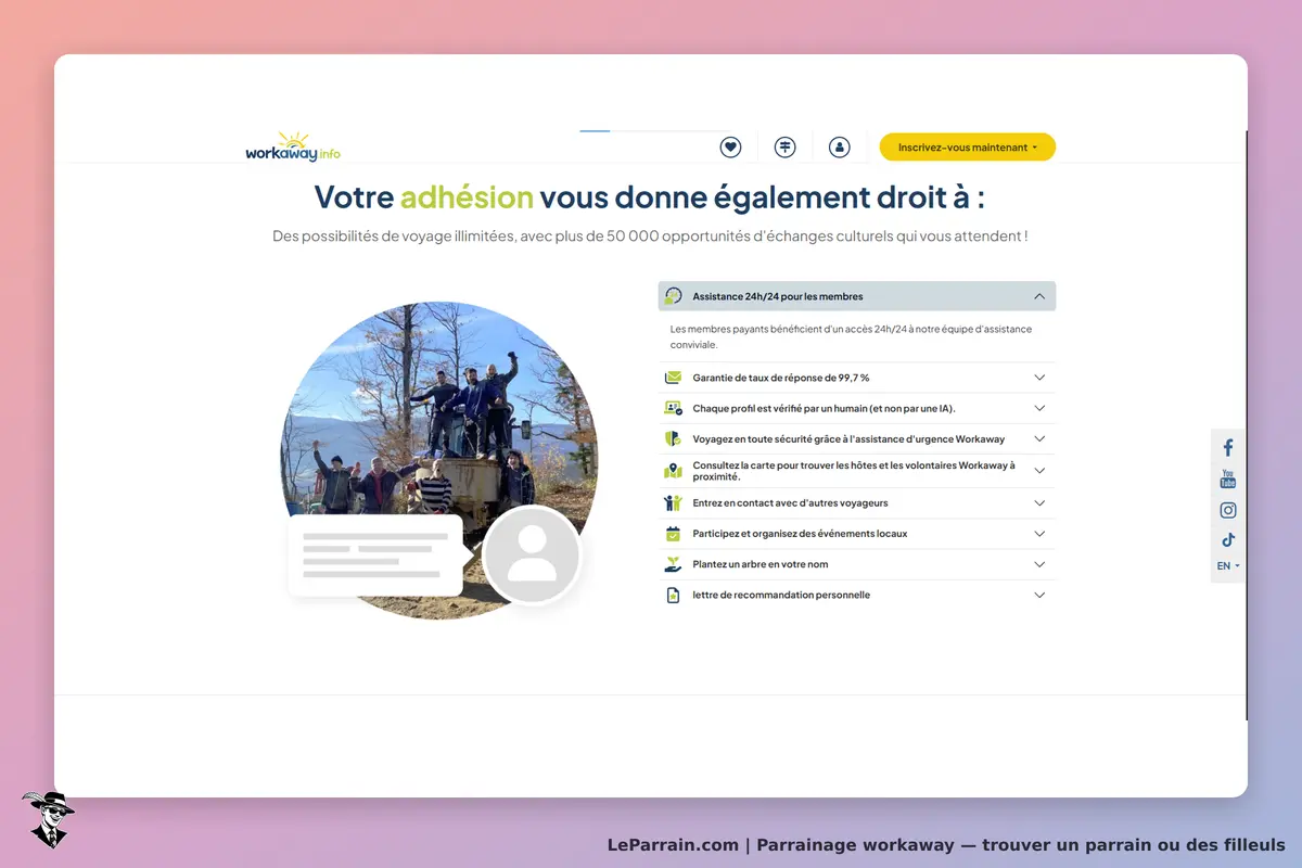 workaway : page d'accueil avec des informations sur l'adhésion et une photo de groupe