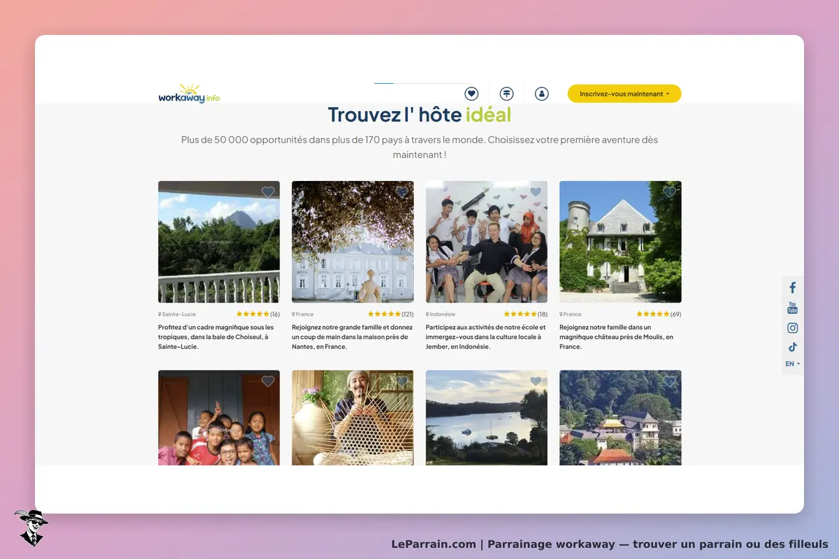 workaway : page d'accueil avec des options d'hôtes et une invitation à s'inscrire