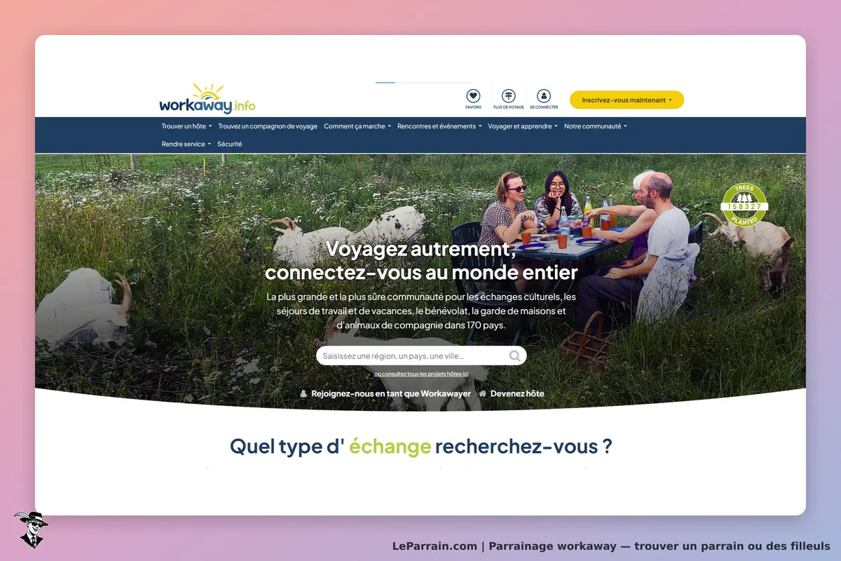workaway : page d'accueil avec des personnes autour d'une table en extérieur, animaux en