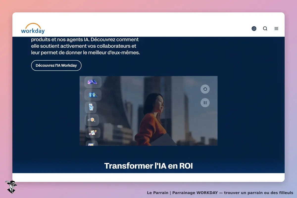 workday : page d'accueil présentant une vidéo sur l'IA et une femme regardant au loin