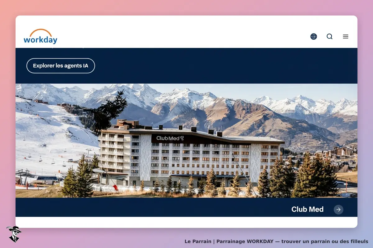 workday : page d'accueil avec une image d'un bâtiment Club Med en montagne