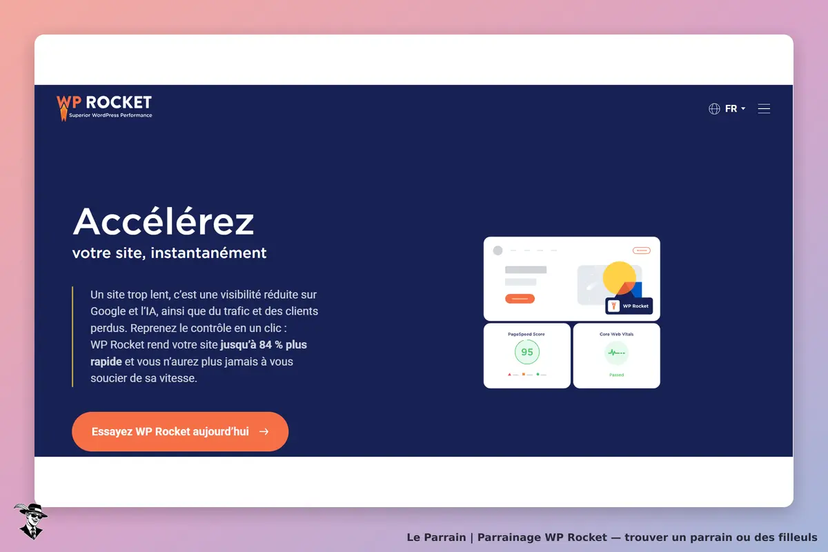 WP Rocket : page d'accueil présentant le service d'accélération de site web et un score de
