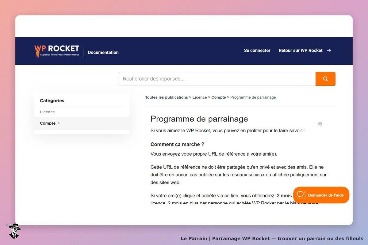 WP Rocket : page sur le programme de parrainage avec explications et options de navigation