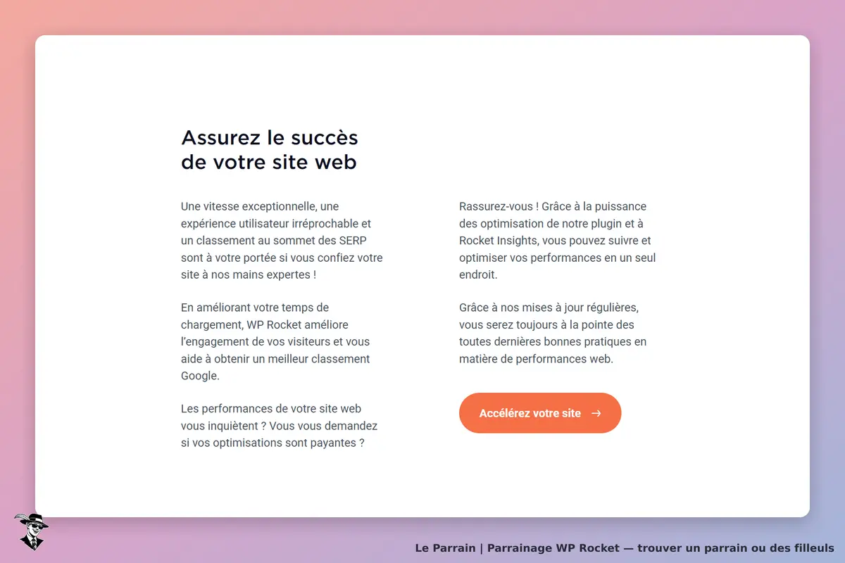 WP Rocket : texte explicatif sur l'optimisation de sites web et bouton d'action