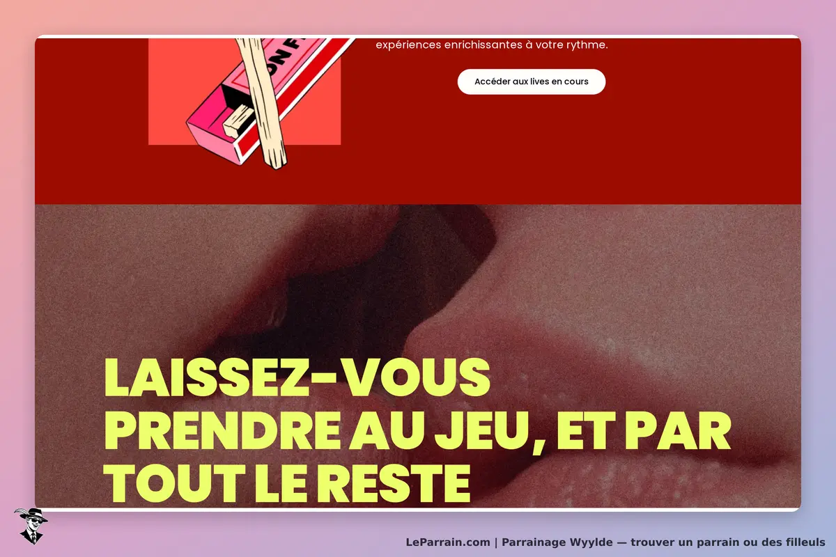 Wyylde : page d'accueil avec un slogan et une image suggestive de lèvres