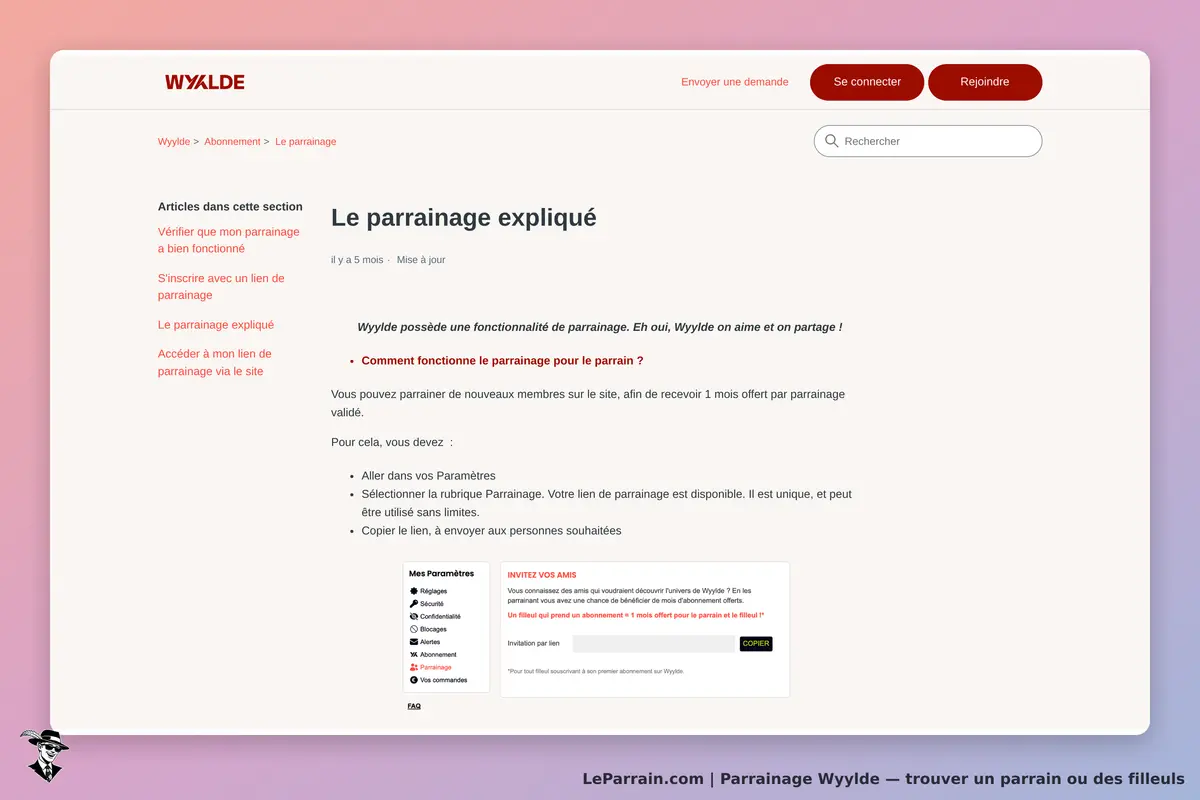 Wyylde : page expliquant le fonctionnement du parrainage avec instructions et lien à copier
