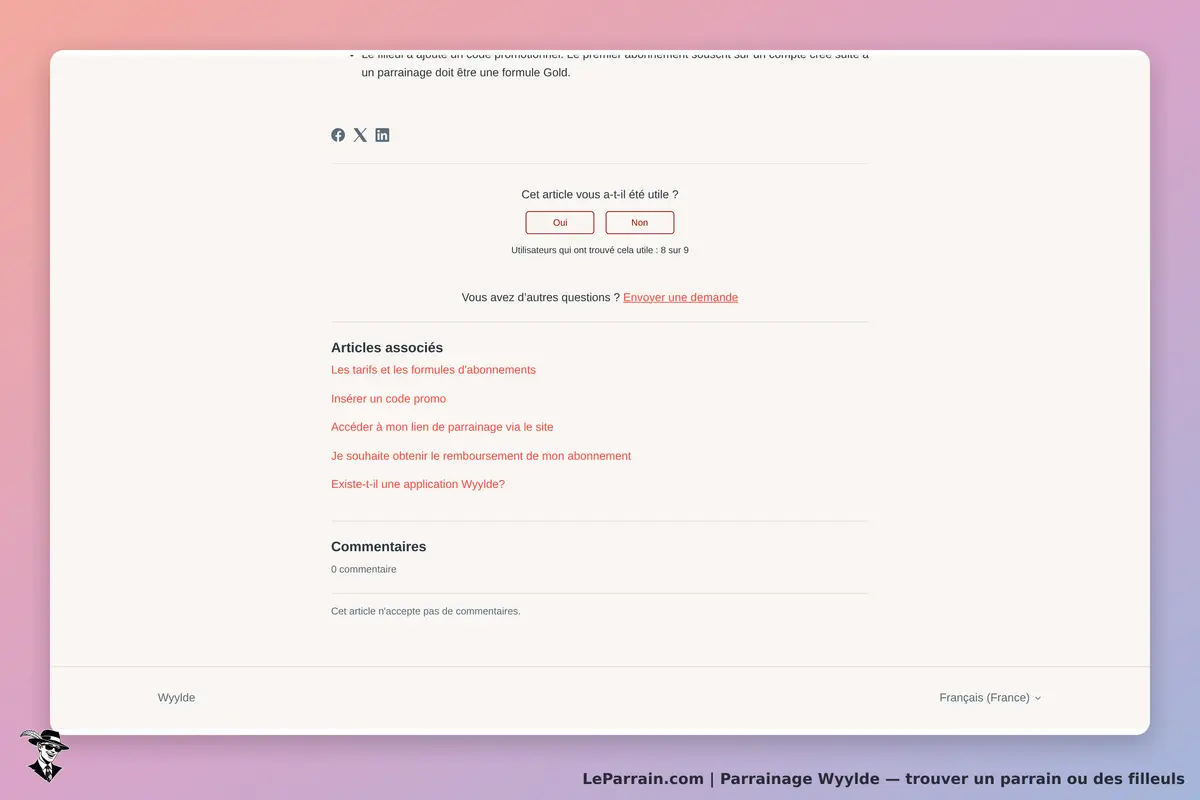 Wyylde : section d'assistance avec articles associés et option de feedback utilisateur