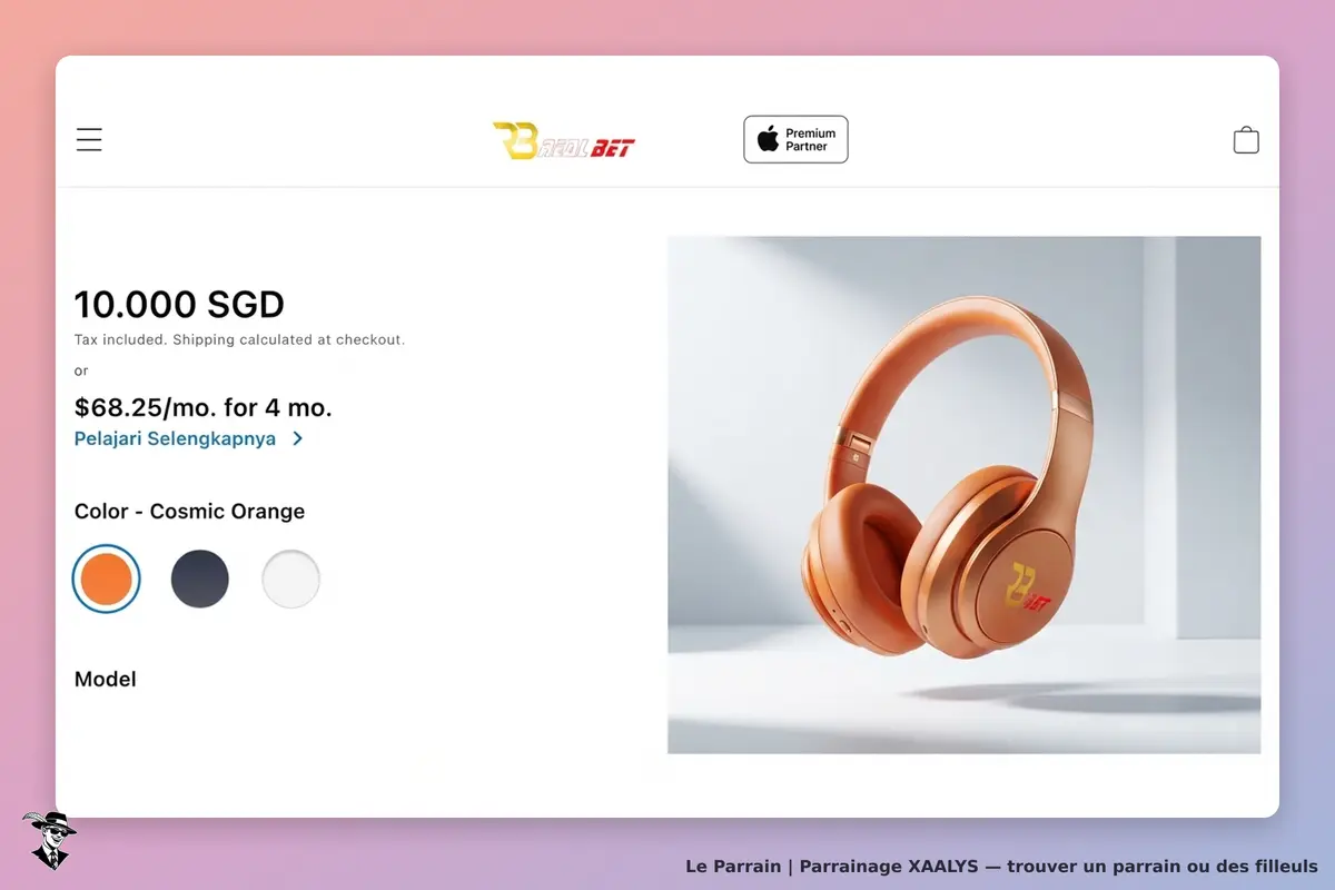 XAALYS : écouteurs sans fil de couleur orange cosmique sur fond clair, détails du produit affichés