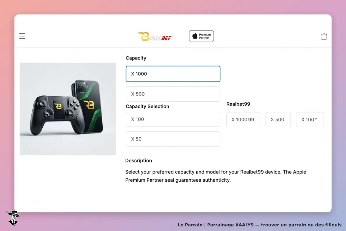 XAALYS : capture d'écran d'un formulaire de sélection de capacité pour un appareil Realbet99