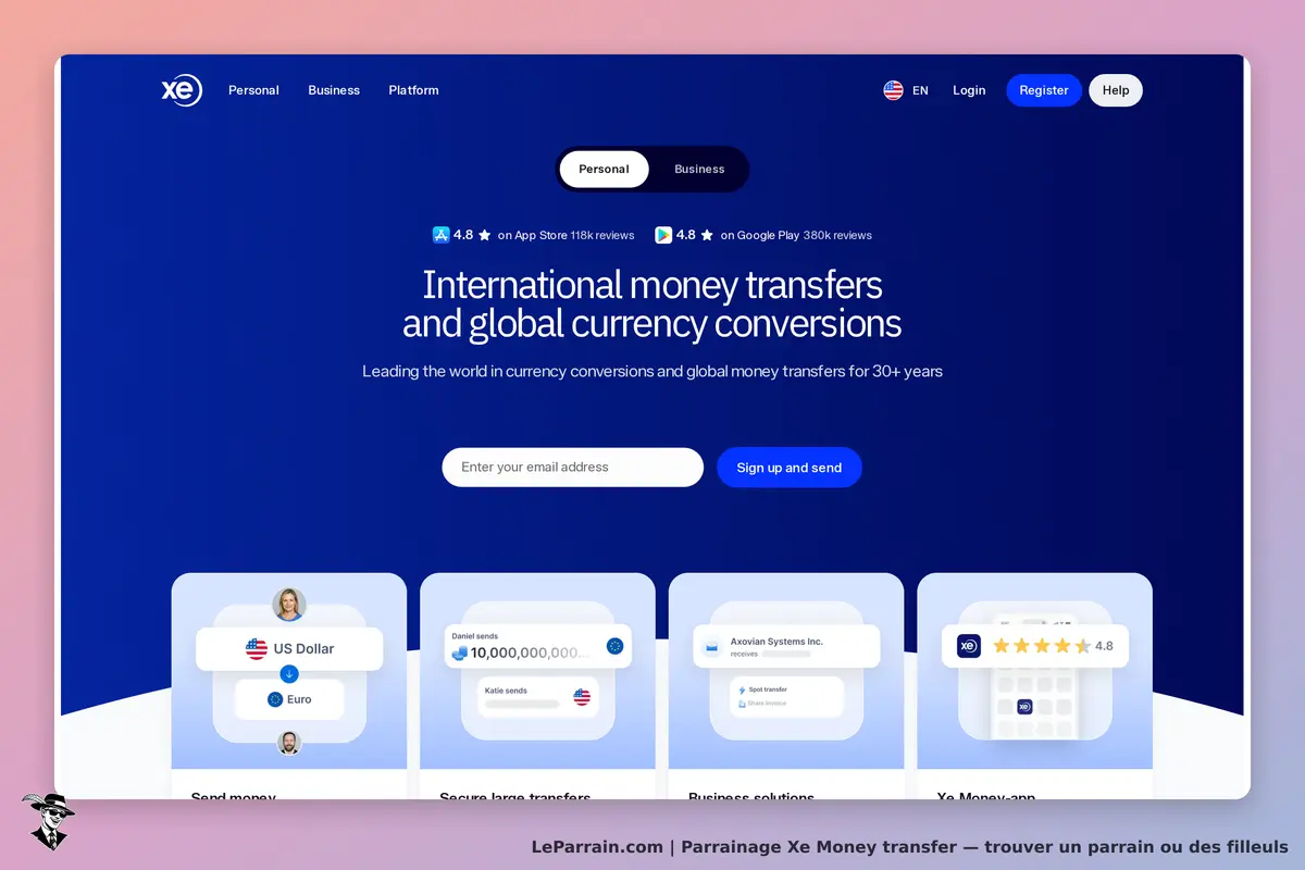 Xe Money Transfer : page d'accueil avec options de transfert d'argent et formulaire d'inscription