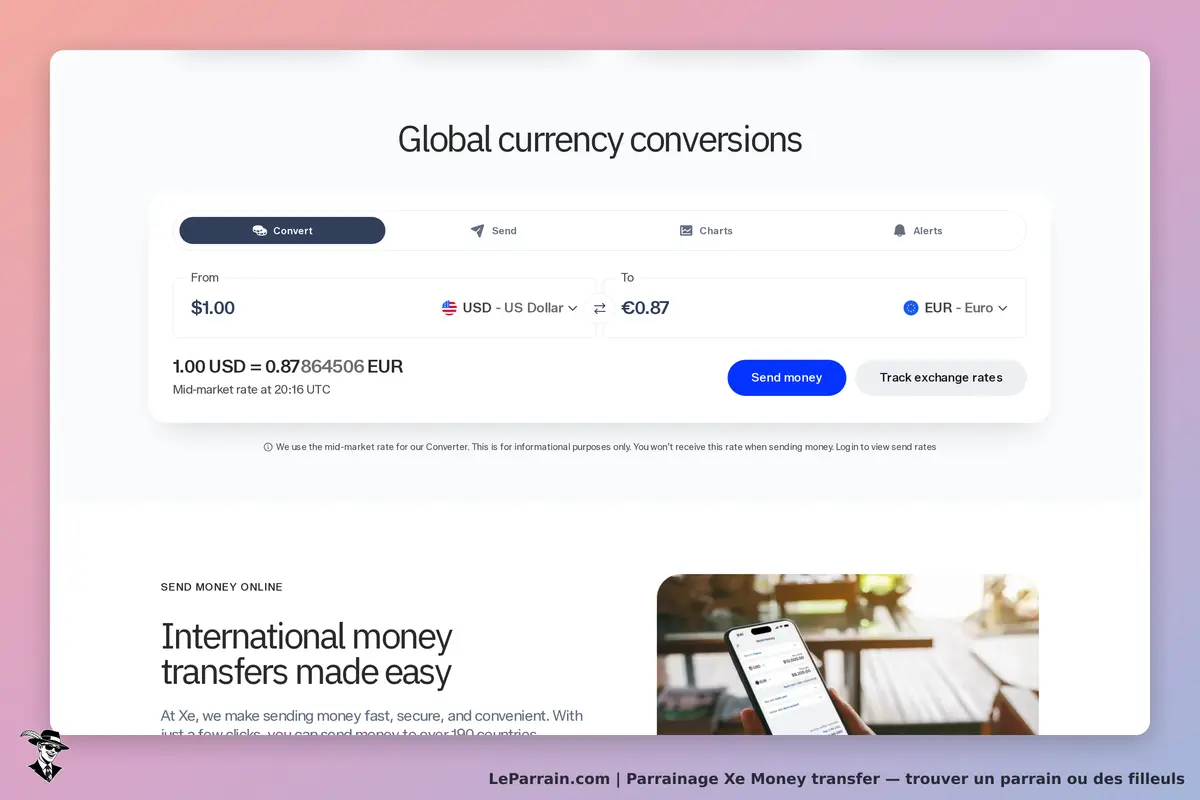 Xe Money transfer : page d'accueil avec conversion de devises et option d'envoi d'argent